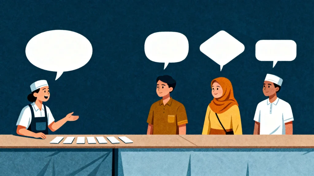 Illustration of a Malaysian market stall vendor talking with three customers with speech bubbles