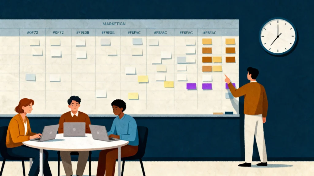 Illustration of a small marketing team at a round table in front of a kanban wall and clock