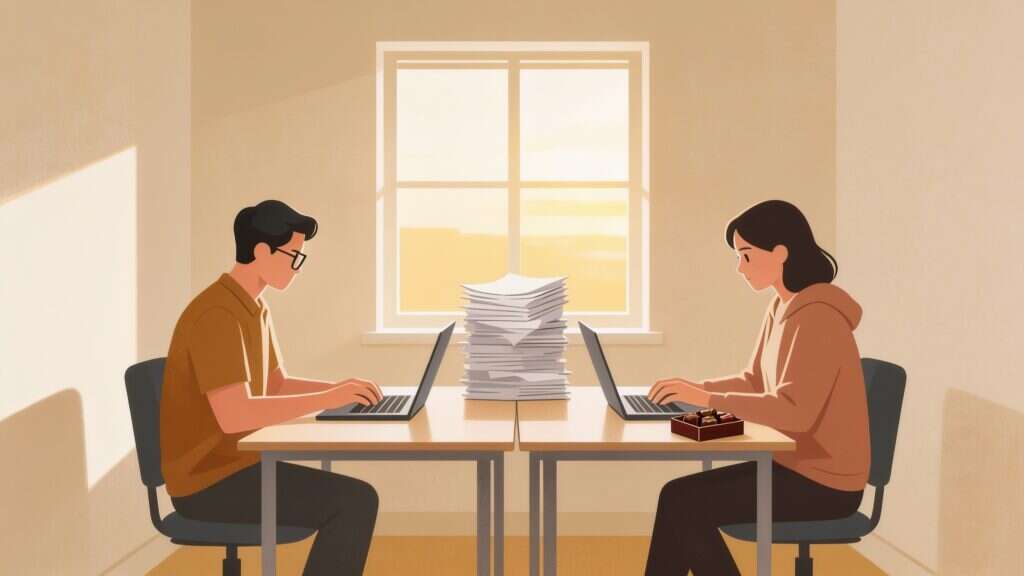 Illustration of two desks pushed together in a small startup office at dawn