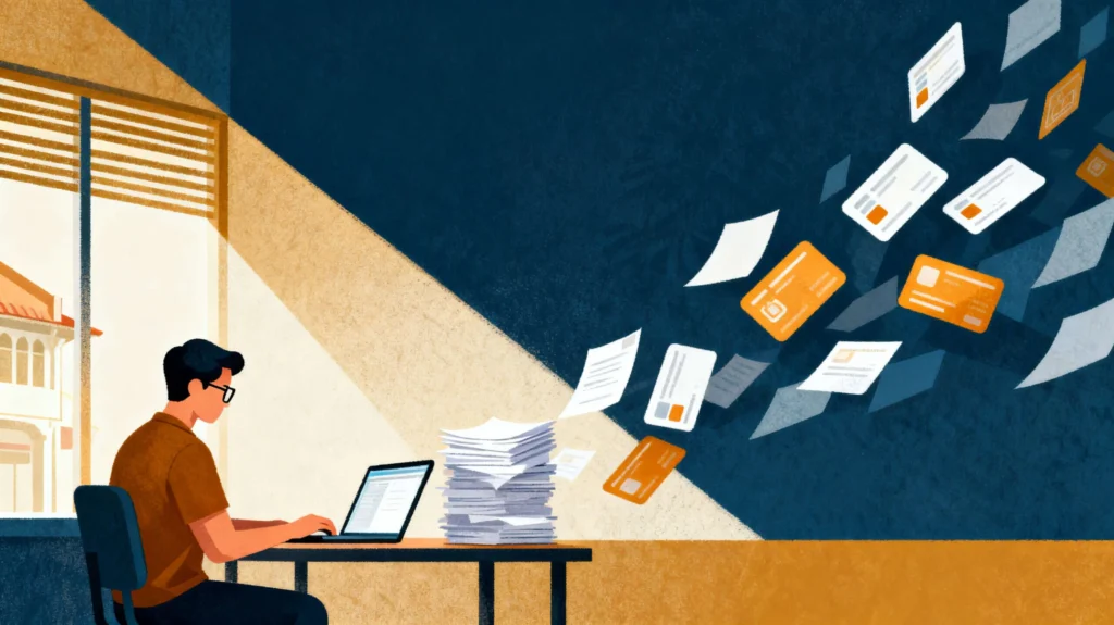 Illustration of a man with glasses at a desk while papers transform into tidy digital cards