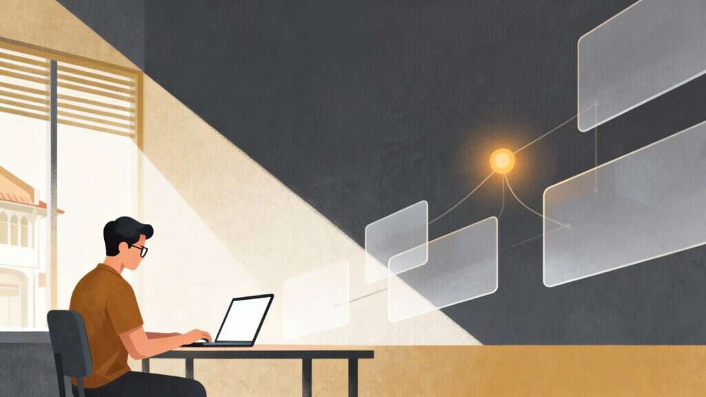 Illustration of a person at a laptop orchestrating connected AI tool panels with an amber node
