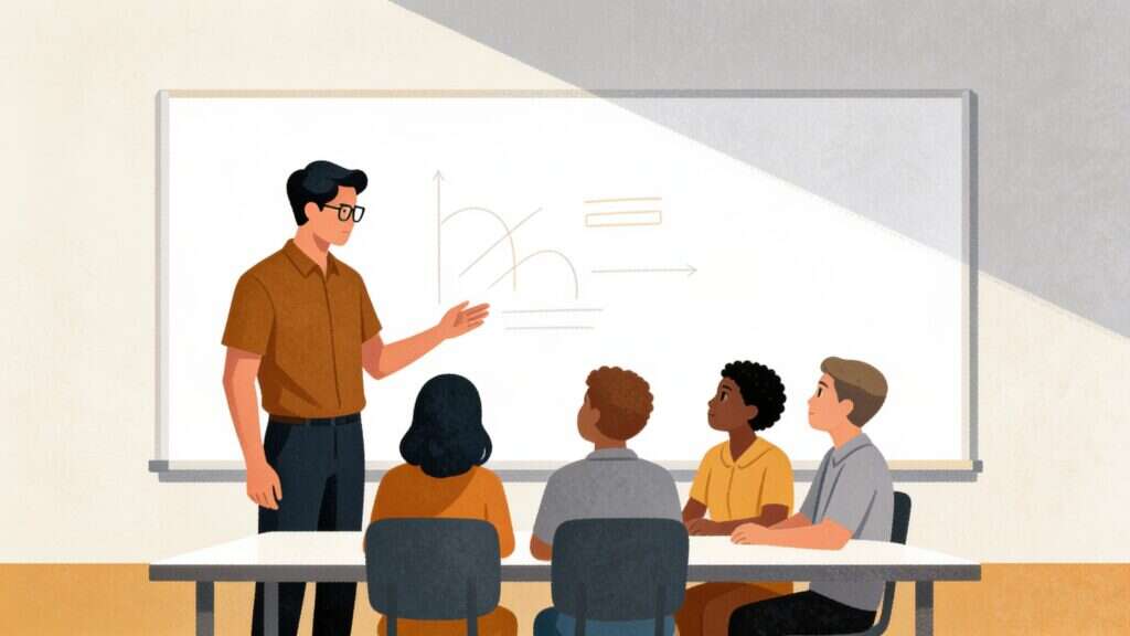 Illustration of a mentor with glasses guiding a small seated team at a whiteboard