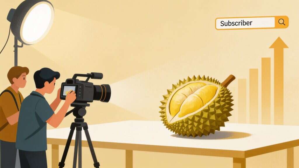 Illustration of a film crew filming a Musang King durian as subscriber numbers rise