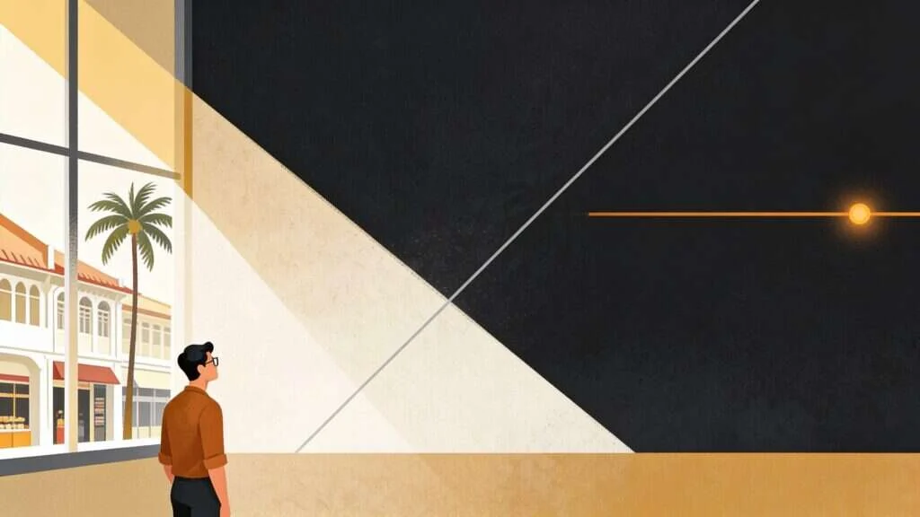 Rejected illustration: the falling line crosses out of the dark panel and the figure is clipped by the bottom edge