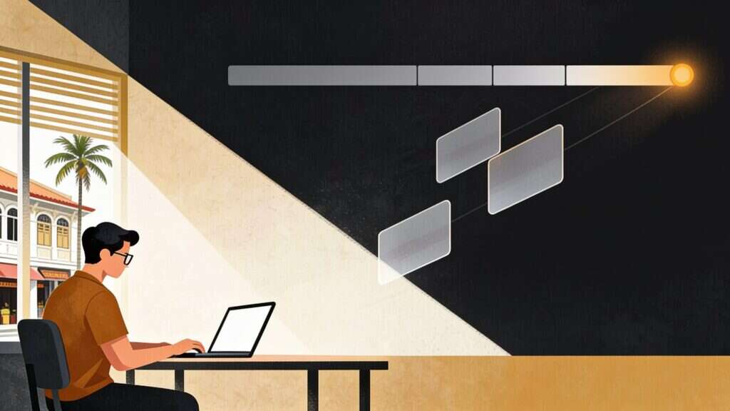 Editorial illustration of a segmented week bar with task blocks lifting away toward an amber point while a man works at a laptop