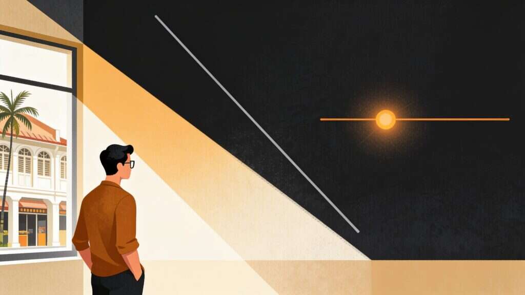 Editorial illustration of a man looking at a steeply falling grey line and a flat amber line on a dark wall