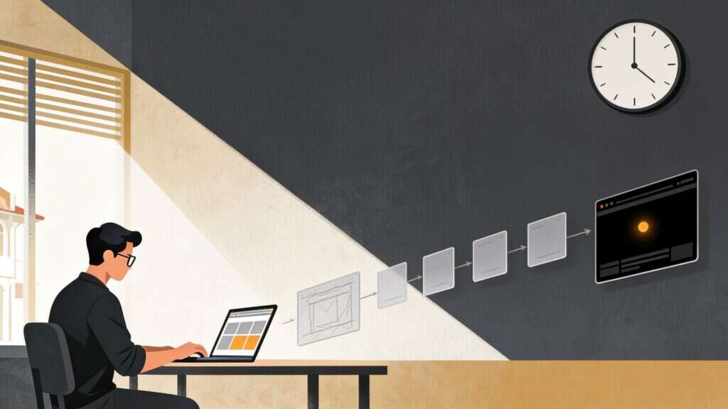 Illustration of a professional at a laptop as a chain of cards progresses from a rough wireframe sketch to a finished dark website with an amber accent, under a wall clock showing nine