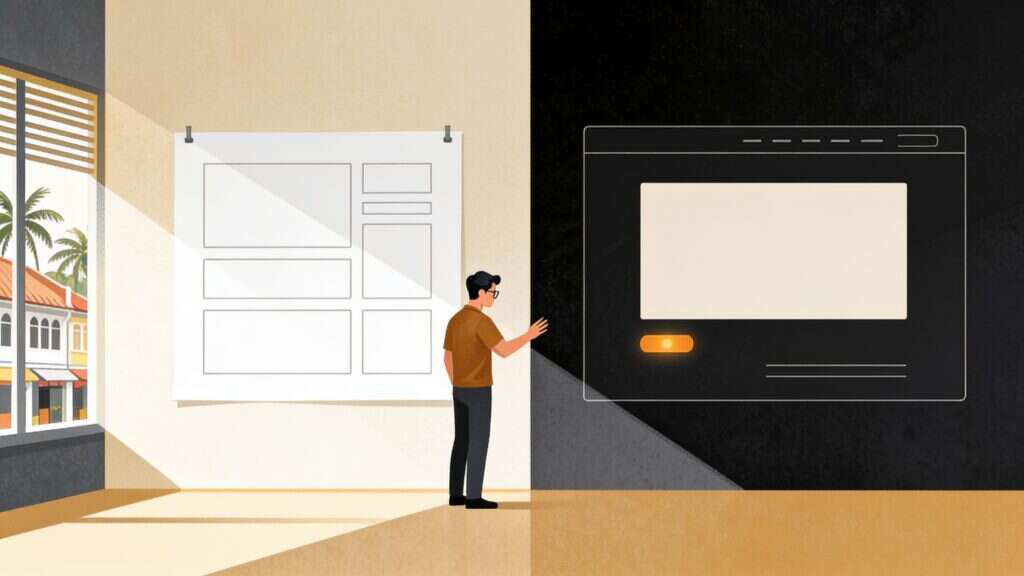 Illustration of a man between a pinned grey wireframe sheet and the finished dark webpage with an amber button