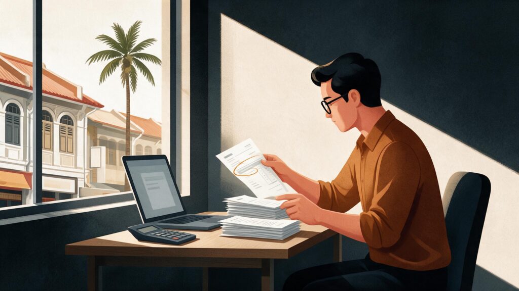 Illustration of a man in glasses at a desk by a window onto Malaysian shophouses, sorting stacks of invoices beside a laptop and calculator, with one line on an invoice circled in amber