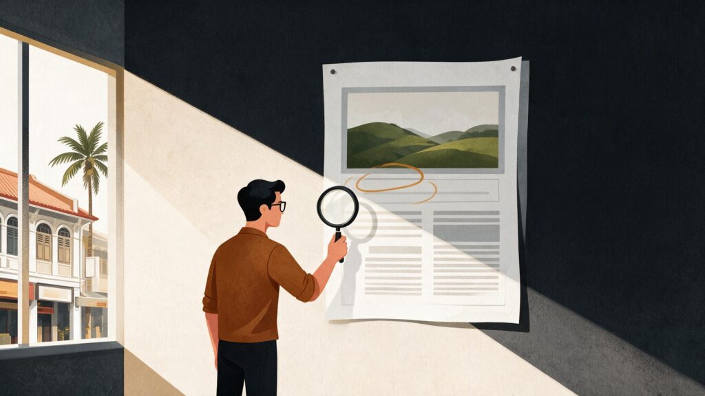Illustration of a man in glasses holding a magnifying glass up to a page proof pinned to a dark wall, with the caption strip under its picture circled in amber